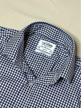 T.M. Lewin Men’s 15.5 34.5 Slim Fit Navy Gingham Non-Iron Dress Shirt